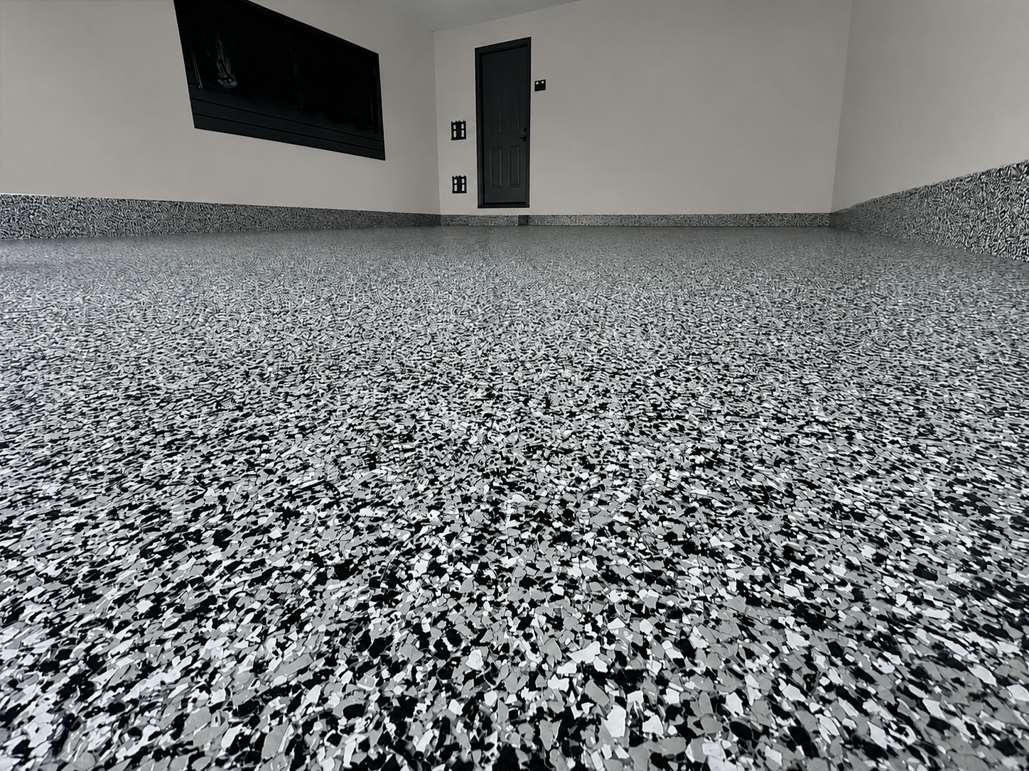 Black and white flake garage floor